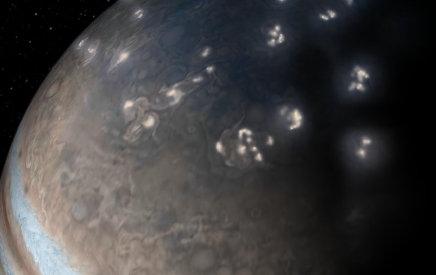 Vizualizace blesků na Jupiteru (Zdroj: NASA/JPL-Caltech/SwRI/JunoCam)