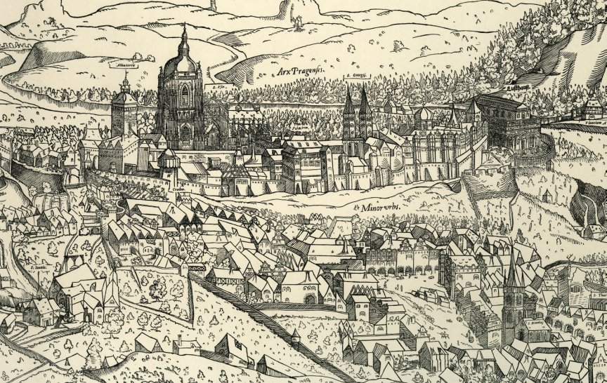 Autor: J. Kozel, M. Peterle; Pohled na Prahu z Petřína (tzv. Vratislavský prospekt), dřevořez, 1562. Muzeum hl. m. Prahy.