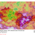 Odhad počtu dnů s bouřkou v roce 2016 na území Česka, Slovenska a v okolí vycházející z dat sítě detekce blesků Blitzortung