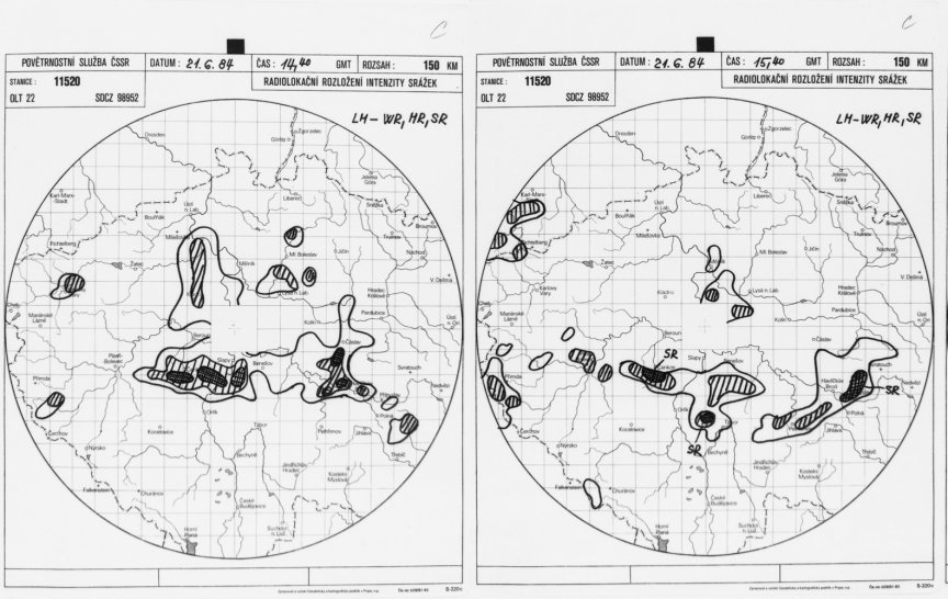 Ukázka ručního zákresu vývoje bouřkové oblačnosti při výskytu přívalové povodně na Příbramsku 21. června 1984. Bouřky v dané oblasti zůstávaly aktivní po dobu několika hodin a byly příčinou výrazných srážkových úhrnů (foto: Radarové oddělení ČHMÚ)