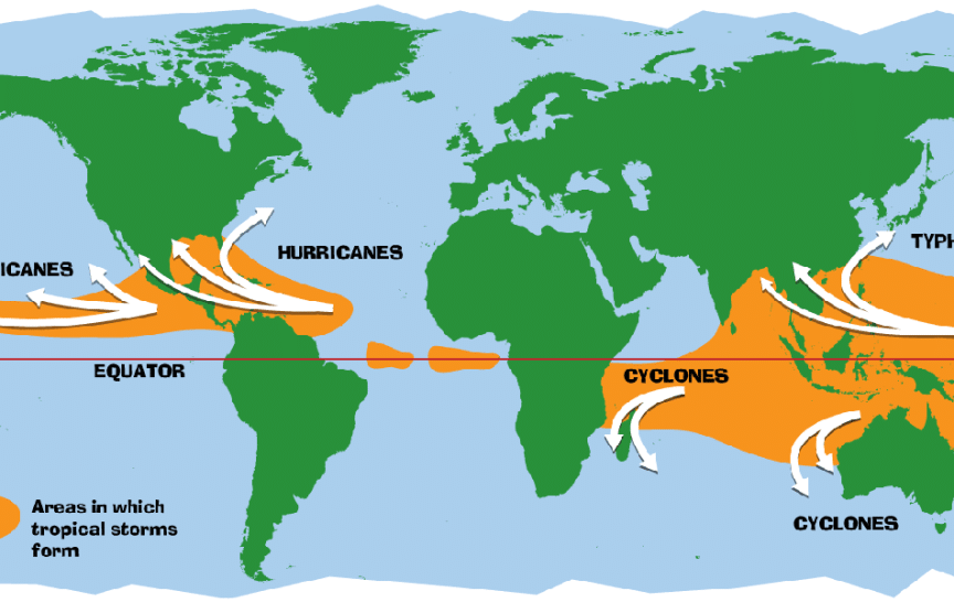 Oblasti výskytu s lokálními názvy tropických cyklon (obrázek LEARN NC)