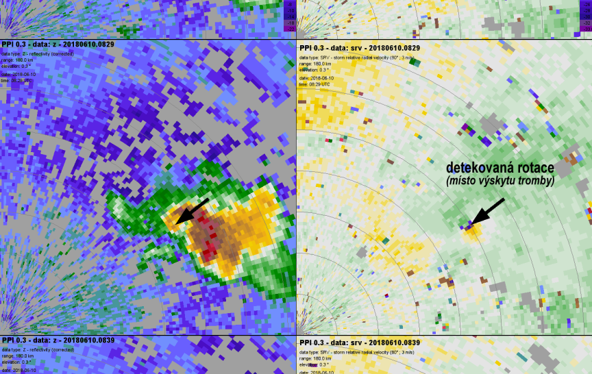 Detailnější pohled na letošní bouři, jejíž součástí byla výrazná tromba u Příbrami - Oblast rotace části oblaku je na radarových datech dobře patrná také v okolí tromby