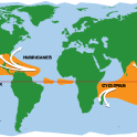 Oblasti výskytu s lokálními názvy tropických cyklon (obrázek LEARN NC)