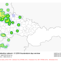 Odhad lokalit s výskytem bouřky dne 3. ledna 2018 založený na datech ze sítě detekce blesků Blitzortung. Zeleně jsou zobrazena místa se vzdálenou bouřkou, žlutě pak místa s místní bouřkou (bouřka na stanici; data: AMS z.s., Blitzortung)