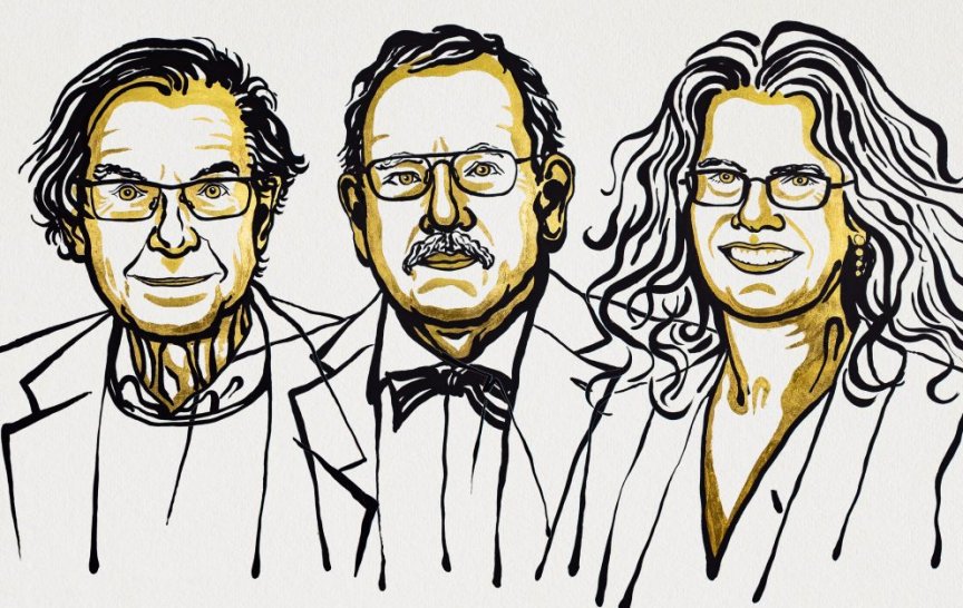 Laureáti Nobelovy ceny za fyziku 2020. Zleva Roger Penrose, Reinhard Genzel a Andrea Ghezová (ilustrace: Nobel Media. III. Niklas Elmehed)     