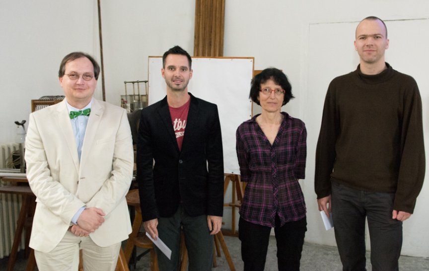 Vyhlášení výsledků studentské ankety - zleva RNDr. Vladimír Kopecký, Ph.D., RNDr. Vojtěch Žák, Ph.D., RNDr. Dana Mandíková, CSc., Ph.D., Mgr. Karel Kouřil, Ph.D.