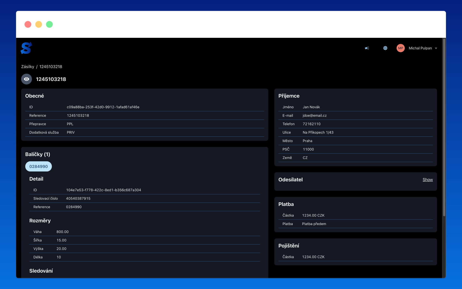 Detail zásilky v aplikaci Parcelsync