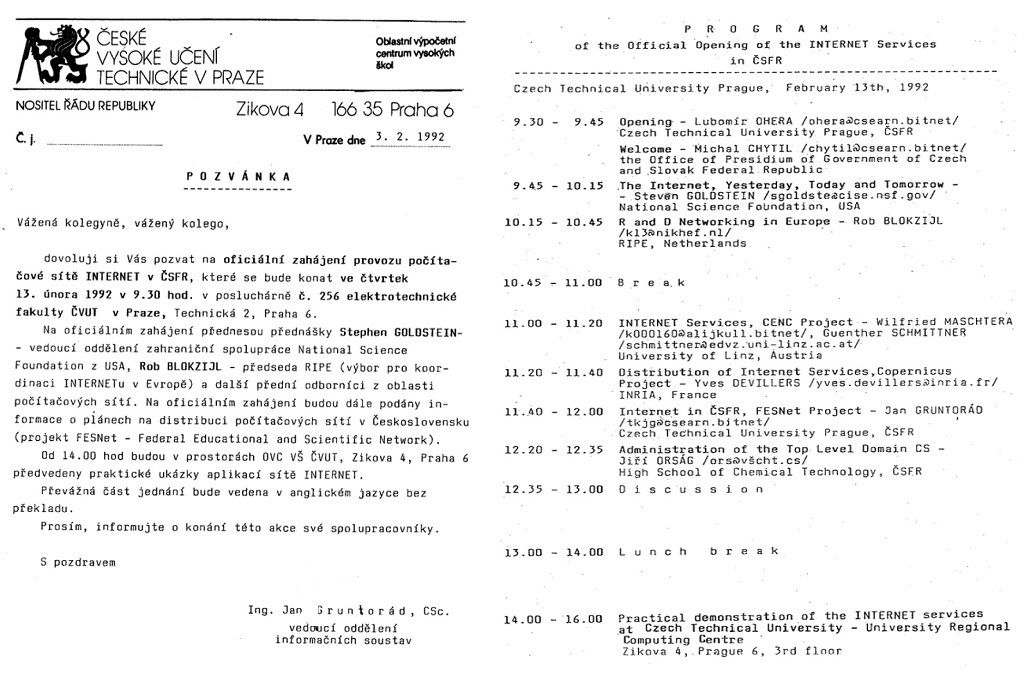 Pozvánka na oficiální zahájení provozu internetové sítě v ČSFR